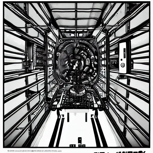 Image similar to inside of an aircraft controller tower, black and white, ultra detailed, high contrast, 4 k, comic book art style