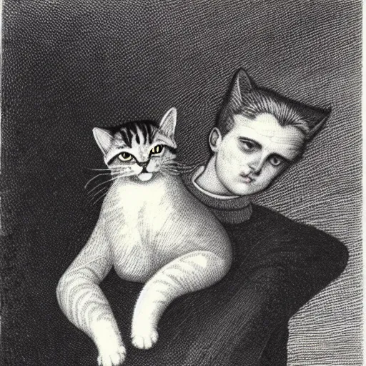 Image similar to a cat on top of a young man ’ s head