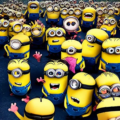 Prompt: minions enter a match of fall guys, carnage ensues, dramatic photography, vibrant, chaotic, award winning