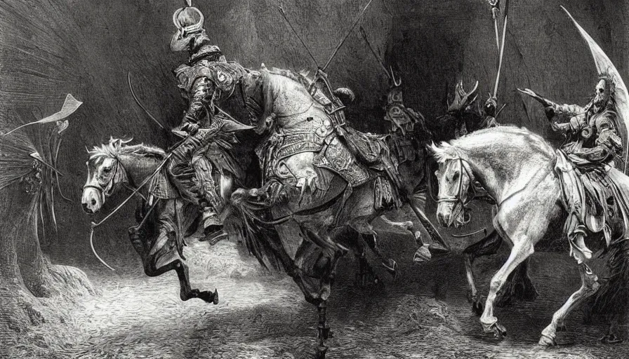 Image similar to big opened book, don quixote leave the book by horse, opened book page, cinematic romantic magical masterpiece, by gene wolfe, highly detailed painting by gustave dore