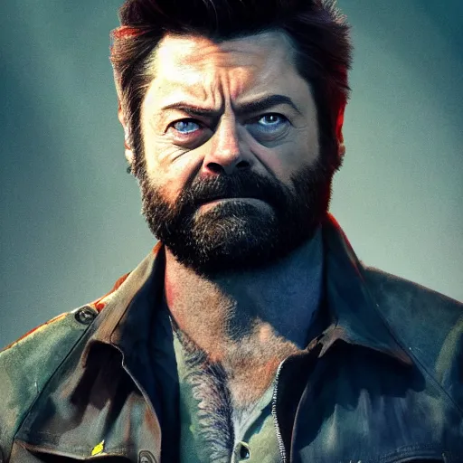 Prompt: logan wolverine pictured as nick offerman in x - men suit, imdb, marvel movie still, detailed 8 k, poster style, deviantart and artstation top picks