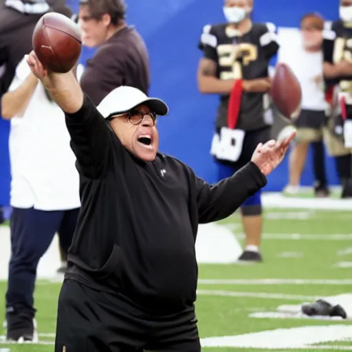 Image similar to danny devito as a nfl football coach, angry, clipboard