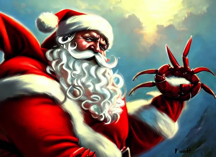 Prompt: magic : the gathering fantasy character concept art of the great anthropomorphic lobster wearing santa outfit by franz frazetta, high resolution. a clear portrait of powerful lobster santa, magical christmas fantasy in background, fantasy coloring, intricate, digital painting, artstation, smooth, sharp focus