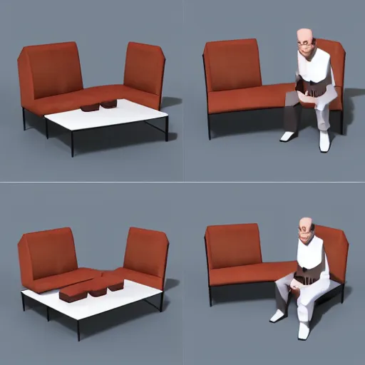 Image similar to a lowpoly version of Seinfeld, raytracing, 3d render, plain background