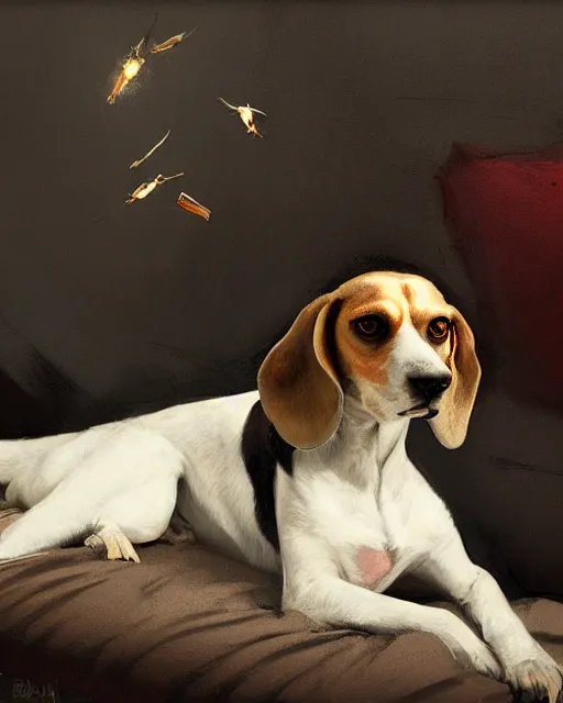 Prompt: detailed portrait of beagle lying on the bed by ismail inceoglu dragan bibin hans thoma greg rutkowski alexandros pyromallis nekro rene maritte illustrated, fine details, realistic shaded, fine - face, pretty