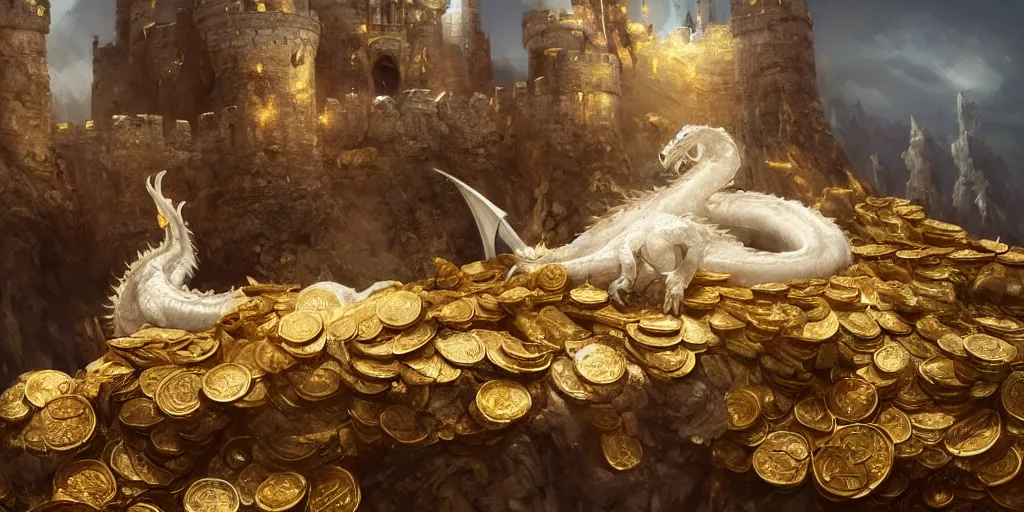 Prompt: concept art of a white scaled dragon laying on a mountain of golden coins and precious jewels inside a castle, medieval, jewels, gold, painting by wlop, nixeu and greg rutkowski, beautiful, semirealism, artstation, octane render, sharpness, 8 k, golden ratio