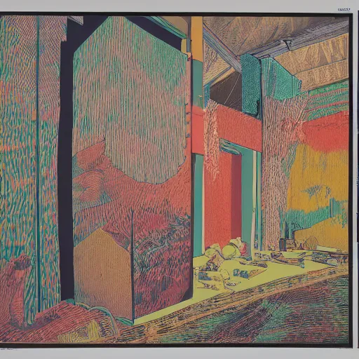 Image similar to a photographic three color screen print of an exhibition room with an arrangement of elements, anthropological conceptual object, tribalism, animism, grain, shades