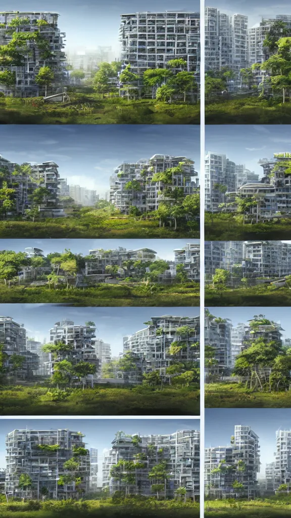 Image similar to 5 - panel comic page layout. 2 characters talking about sustainable futuristic building in a urban setting. ultrarealistic matte painting on white page. the building has many deep and tall balconies covered in plants and trees. thin random columns, large windows, deep overhangs. plants hang from balconies. greeble articulated details with plants. 8 k, uhd.