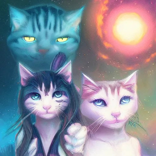 Image similar to meeting of the cats, nighttime, artwork by ross tran