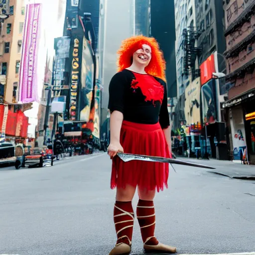 Prompt: a girl with a giant smile:: red hair:: freckles:: septum jewelry:: fair skin:: tattered ballet clothes:: she is holding a large sword:: standing in a busy street:: in New York city:: wide angle:: tilt shift lens:: full body:: long shot:: volumetric lighting:: cinematic:: 8K:: octane render:: trending on artstation:: hyper realistic:: photo realistic:: extreme detail::