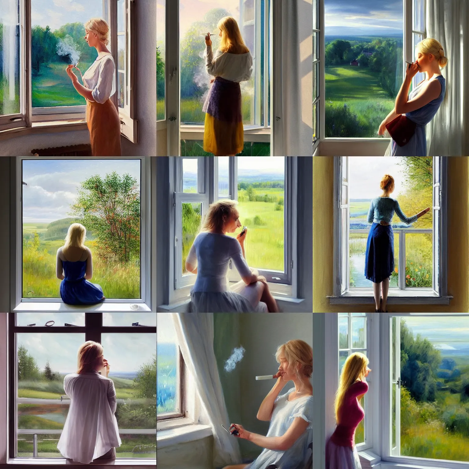 Prompt: blonde woman smoking a cigarette while looking out through the window, swedish countryside, seaview, morning, calm, painting by vladimir volegov