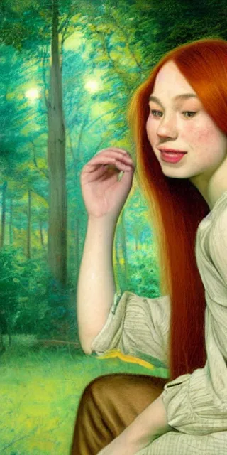 Prompt: infp young woman, smiling, amazed by golden fireflies lights, sitting in the midst of nature fully covered, long loose red hair, intricate linework, green eyes, small nose with freckles, oval shape face, realistic, expressive emotions, dramatic lights, hyper realistic ultrafine art by artemisia gentileschi, albert bierstadt, artgerm