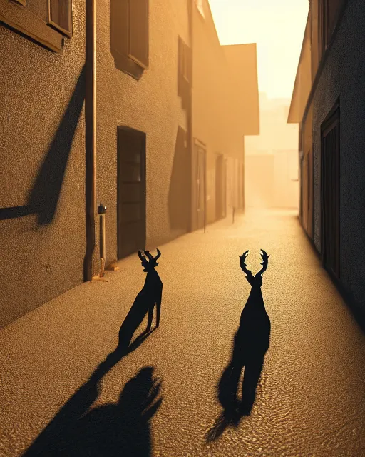 Image similar to artstation scifi scene of two deer long shadow, in a shabby town narrow alley, dim lights, long shadows, summer unreal engine 5, hyper realism, realistic shading, cinematic composition, blender render, octane render, hdr, detailed textures, photorealistic, wide shot