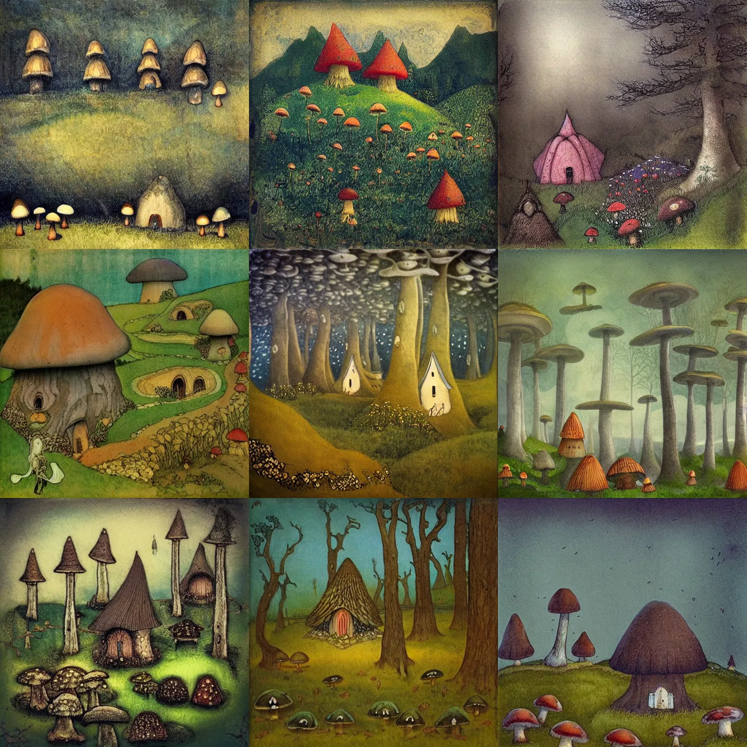 Prompt: “a fairytale landscape with mushroom houses, in the style of John Bauer and wimmelbilder”
