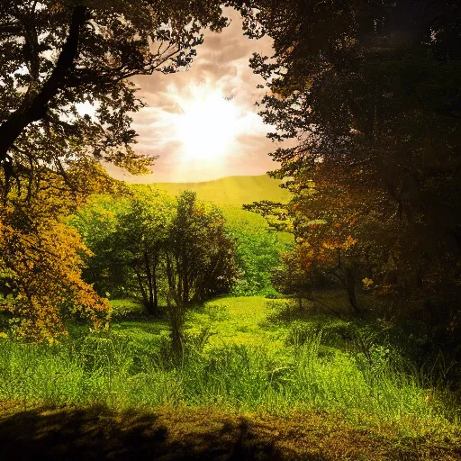 Image similar to a cinematic landscape view looking out a window into an open field with a small creek, wind blows the leaves, and the sun shines through the parted clouds