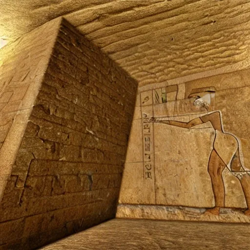 Image similar to Super realistic picture of what is inside the secret chamber of the pyramid of Giza, egypt, ancient, high detail, dessert