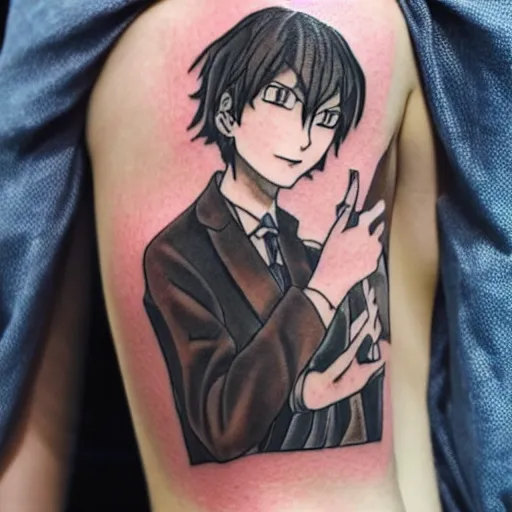 Prompt: tattoo of Dazai from Bungou Stray Dogs in the back of a woman