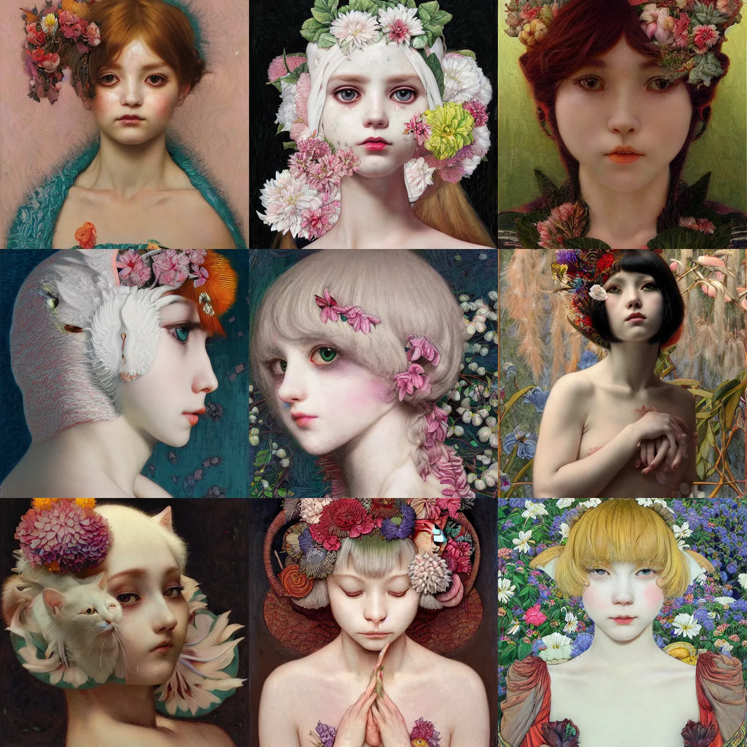 Image similar to white cat girl, botanical, portrait face, colorful, frantisek kupka, intricate, miles johnston, kuroda seiki, cynical realism, ozabu, john william godward, painterly, yoshitaka amano, moebius, miles johnston, louise zhang, james jean, mark ryden lowbrow pop surrealism art style