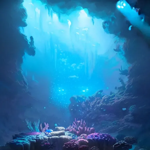 Prompt: bioluminescent coral reef, concept art, beautiful blue lights, d & d, fantasy, highly detailed, masterpiece, volumetric lighting, digital painting, artstation, smooth, sharp focus, illustration, art by artgerm, by greg rutkowski