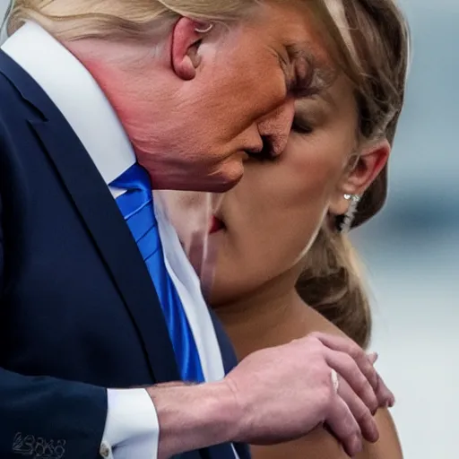 Prompt: telephoto candid cropped photo of trump kissing putin, zeiss 1 5 0 mm