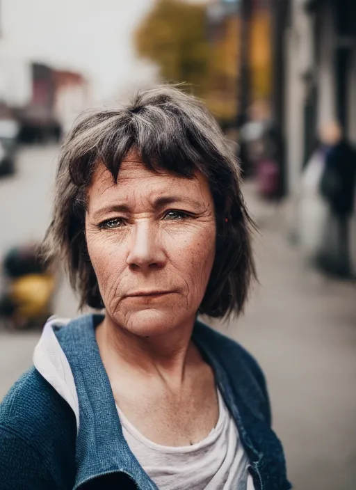 Prompt: color medium shot portrait of 50-year-old woman from Norway with short hair, looking tired, candid street portrait in the style of Rehahn award winning, Sony a7R