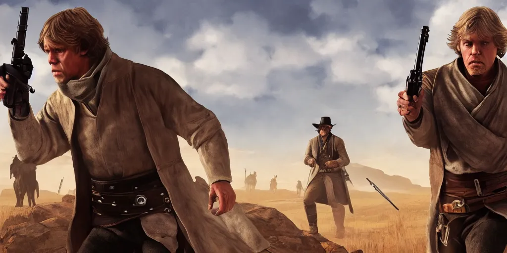 Prompt: luke skywalker in rdr 2, cover art by stephen bliss, boxart, loading screen, 8 k resolution