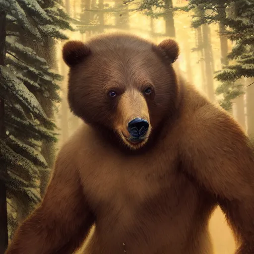 Image similar to highly detailed portrait of a bear in blizzard style, stephen bliss, unreal engine, greg rutkowski, ilya kuvshinov, ross draws, hyung tae and frank frazetta, tom bagshaw, tom whalen, nicoletta ceccoli, mark ryden, earl norem, global illumination, god rays