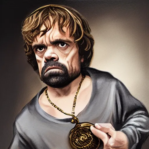 Image similar to Tyrion Lannister wearing a black baseball cap with a gold necklace that spells LEONIE, looking hiphop style painting