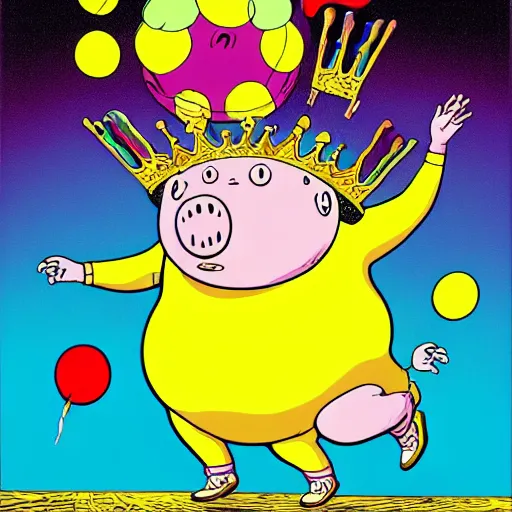 Image similar to trippy comic art of a obese pig wearing a gold crown throwing snack bags into the air, drawn by Martin Rowson, Tim Burton, Studio Ghibli, Alex Pardee, Nekro Petros Afshar, James McDermott, colors by lisa frank, unstirred paint, vivid color, cgsociety 4K