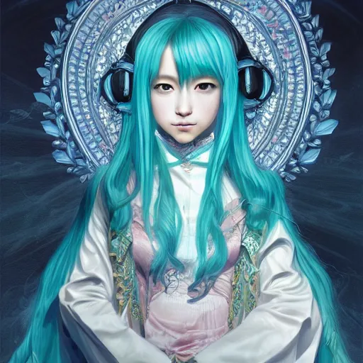 Prompt: a beautiful portrait of hatsune miku as a wizard, fantasy, intricate, elegant, highly detailed, digital painting, artstation, concept art, matte, sharp focus, illustration, art by jacque - louis david, baroque style