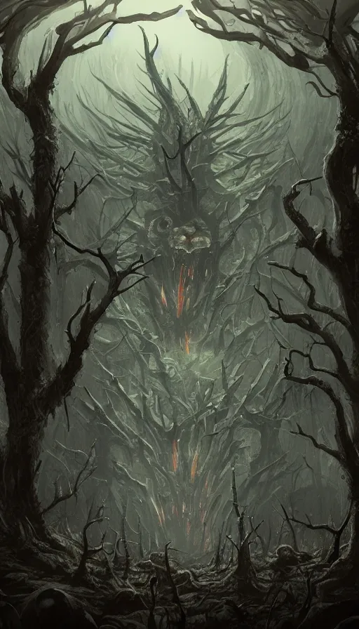 Image similar to a storm vortex made of many demonic eyes and teeth over a forest, by artstation