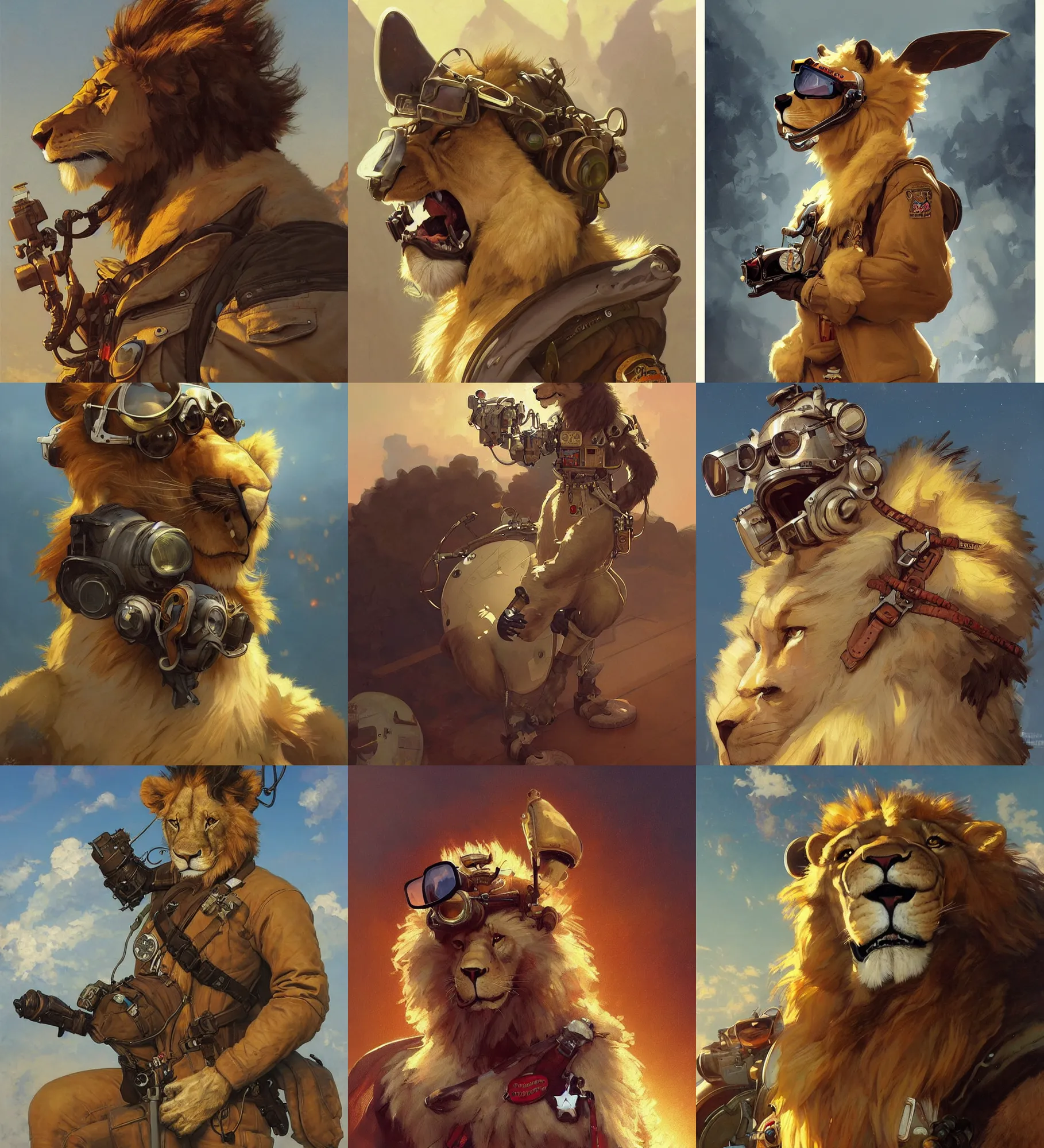 Prompt: anthropomorphic lion fursona aviator pilot. renowned character illustration by greg rutkowski, thomas kindkade, alphonse mucha, loish, norman rockwell. trending on artstation. digital art.