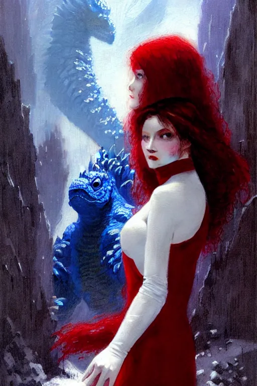 Image similar to beautiful vampire with red eyes and long red hair in a white woolen turtleneck dress, pointing at a small blue godzilla portrait dnd, painting by gaston bussiere, craig mullins, greg rutkowski, yoji shinkawa