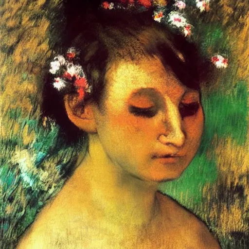 Image similar to Woman , in flowers on her face, Edgar Degas style