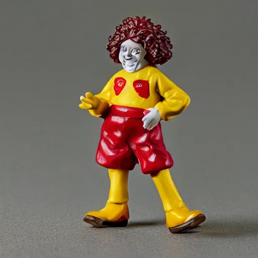 Prompt: macro photography of ho scale miniature ronald mcdonald figurine