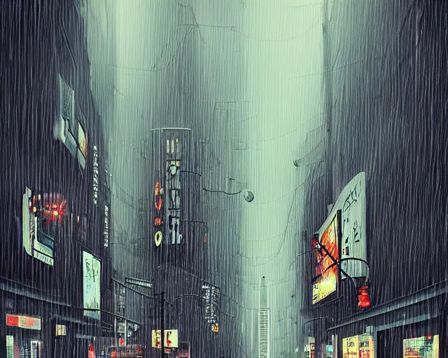 Prompt: rainy autumn day in the city in the style of cyberpunk noir art deco