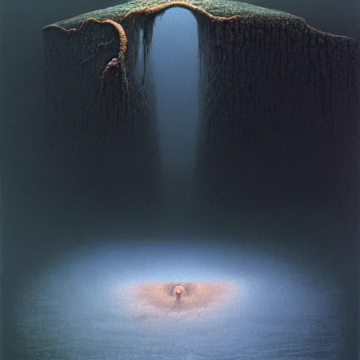 Prompt: when you look too long at the abyss the abyss looks back at you. by zdzislaw beksinski, hyperrealistic photorealism acrylic on canvas, resembling a high resolution photograph