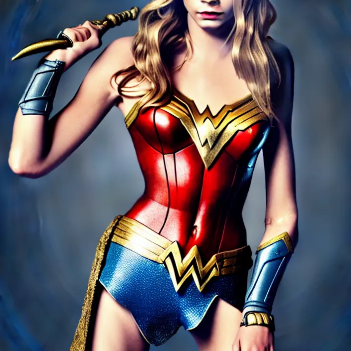 Image similar to professional full length photograph of cara delevingne as wonder woman. Extremely detailed. 8k