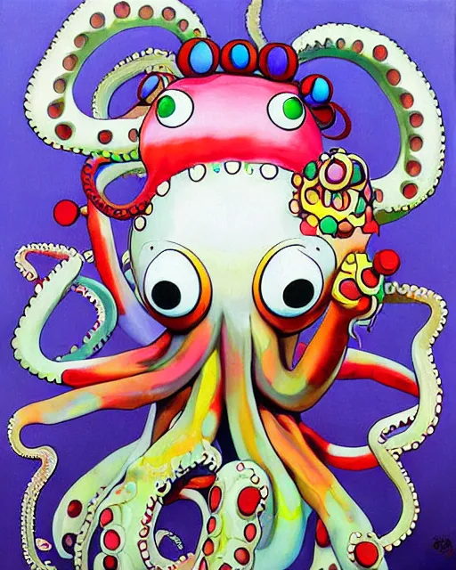 Prompt: Octopus goddess, a painting of a weird creature with a weird hat, a surrealist painting by Takashi Murakami, trending on deviantart, pop surrealism, lowbrow, lovecraftian, whimsical