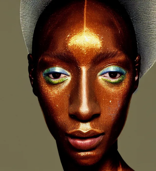 Prompt: photography facial portrait of naomi campell, natural background, natural pose, wearing a stunning hat by iris van herpen, with a colorfull - makeup. highly detailed, skin grain detail, photography by paolo roversi, nick knight, helmut newton, avedon, araki