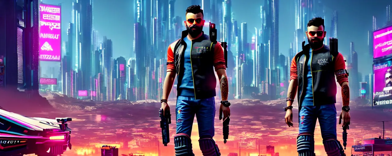 Image similar to Virat Kholi, in CyberPunk 2077, as a cyberpunk dystopia, 4k highly detailed digital art 4k highly detailed digital art