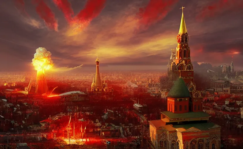 Prompt: nuclear explosion with realistic nuclear mushroom in Red Square Kremlin, intricate, cinematic shot, extremely high detail, photo realistic, cinematic lighting, post processed, artstation, matte painting, smooth, sharp focus, illustration