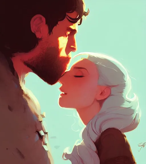 Prompt: portrait of jon kissing dany by atey ghailan, by greg rutkowski, by greg tocchini, by james gilleard, by joe fenton, by kaethe butcher, dynamic lighting, gradient light blue, brown, blonde cream and white color scheme, grunge aesthetic
