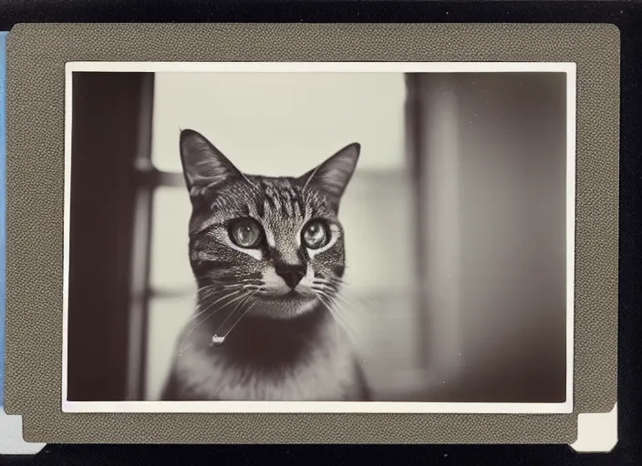 Image similar to photography polaroid of a Jack Cat . watching outside the window. on a bed. in a 70's room full of vinyls and posters, photorealistic, award winning photo, 100mm, sharp, high res