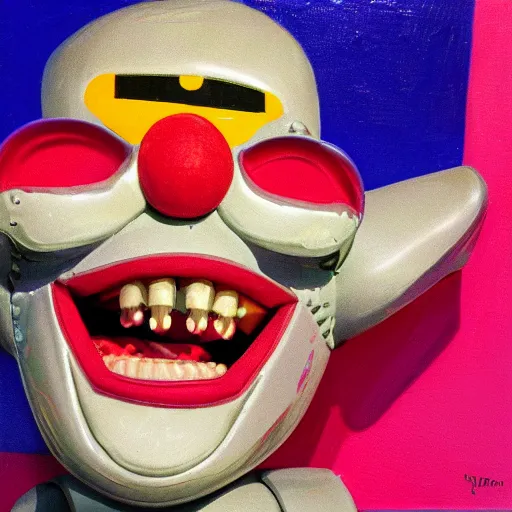 Image similar to robot clown laughing, portrait