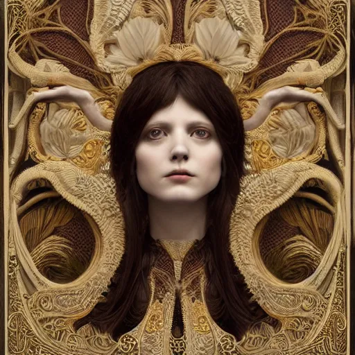 Prompt: a beautiful girl made of ivory and gold, highly intricate, digital art, very detailed, in the style of a weird and dark eerie liminal art nouveau flemish painting, 8k, octane render