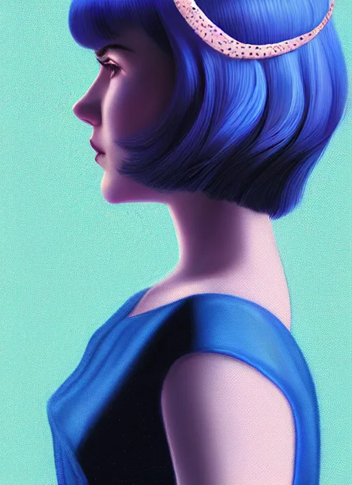 Image similar to portrait of kiernan shipka with freckles, white hair, big 1 9 6 0 s bob hairstyle with bangs and hairband, blue 1 9 6 0 s dress, intricate, elegant, glowing lights, highly detailed, digital painting, artstation, concept art, smooth, sharp focus, illustration, art by wlop, mars ravelo and greg rutkowski