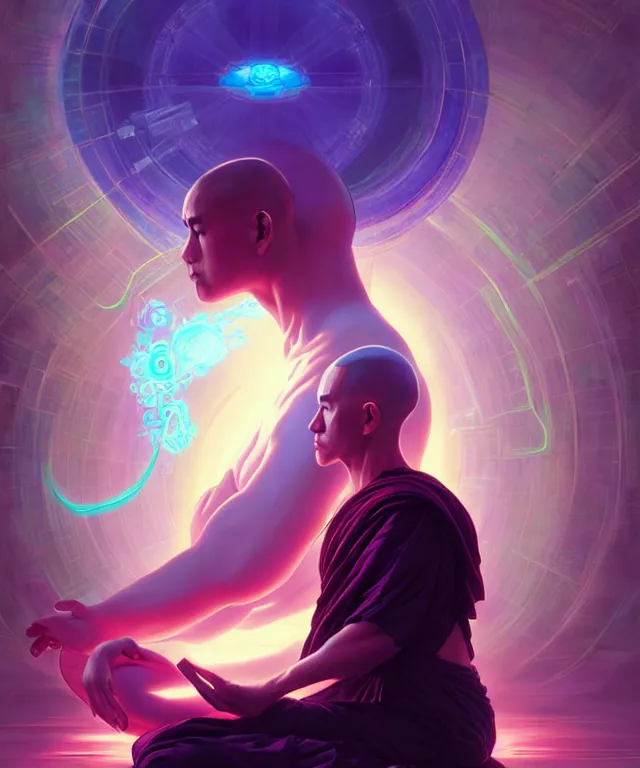 Image similar to a floating monk, meditating, wearing netrunner clothing, vaporwave aesthetic, colorful, psychedelic, digital painting, artstation, concept art, smooth, sharp focus, illustration, art by artgerm and greg rutkowski and alphonse mucha