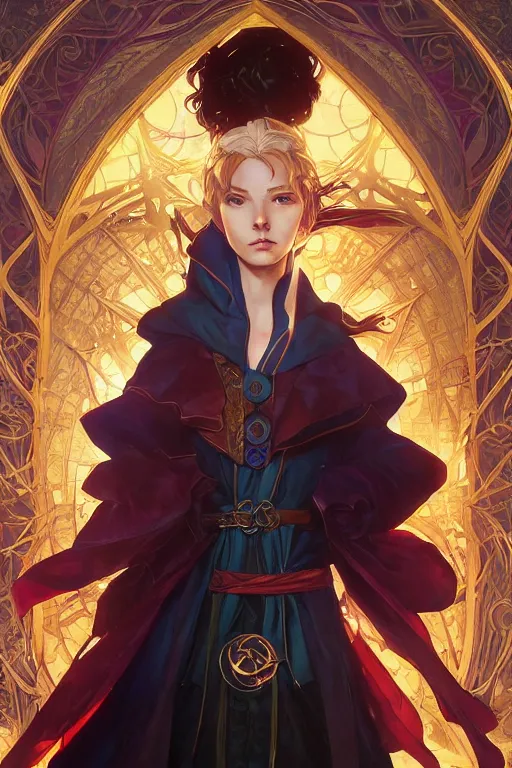 Image similar to anime key visual of a beautiful young female doctor strange, marvel comics, spells, magic, intricate, magical village, stunning, highly detailed, digital painting, artstation, smooth, hard focus, illustration, art by artgerm and greg rutkowski and alphonse mucha