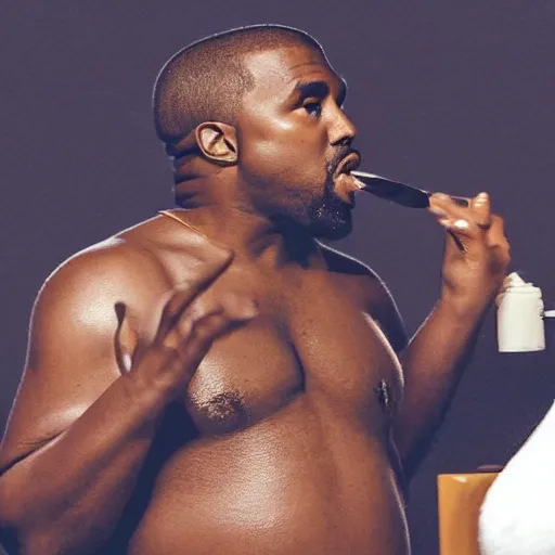 Image similar to extremely fat Kanye west eating Nutella from the bottle